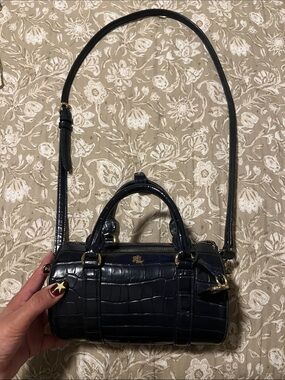 Ralph Lauren Navy Croc-Embossed Barrel Crossbody with Gold Hardware